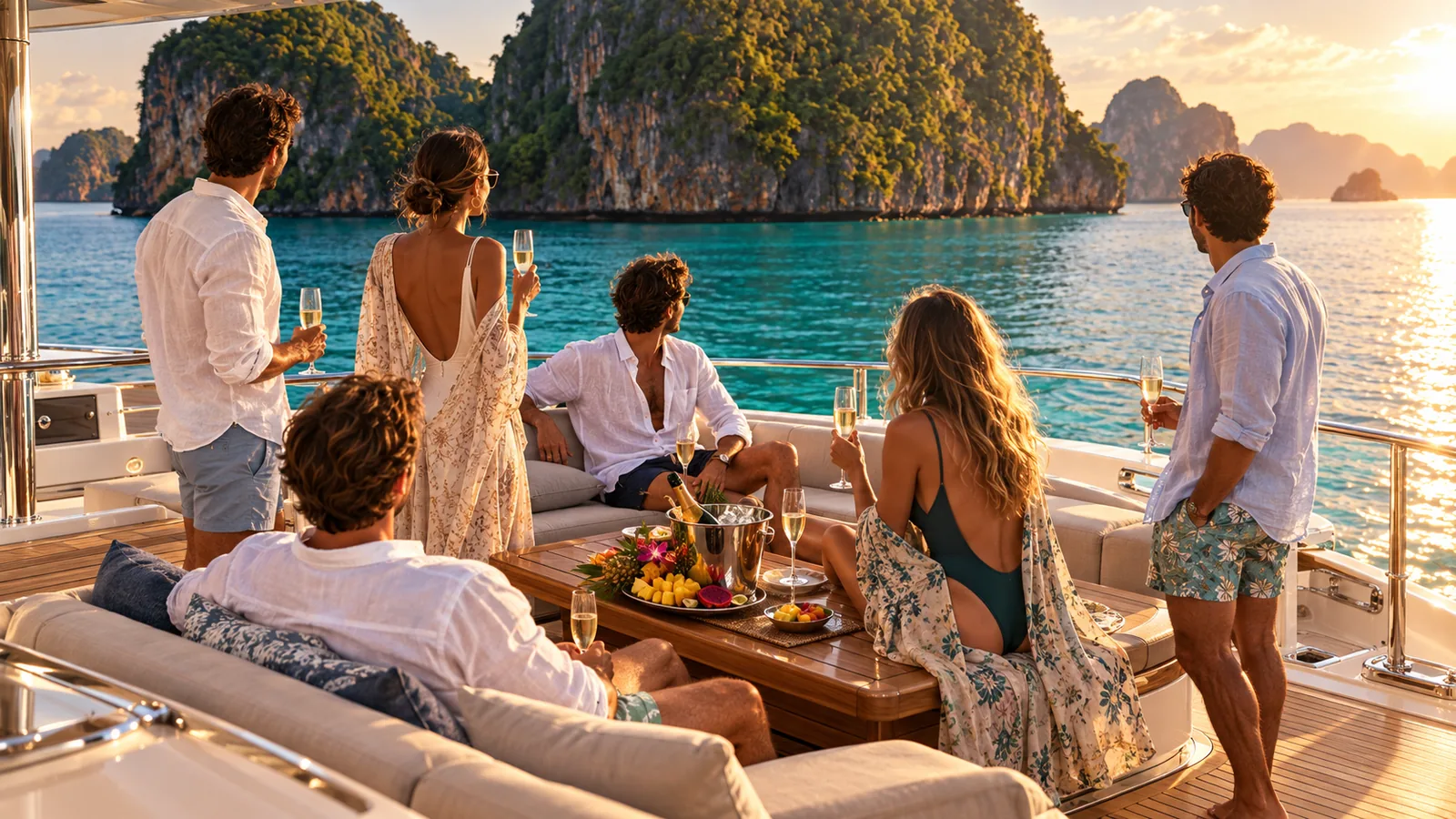 The group on a yacht aft deck at golden hour with champagne open