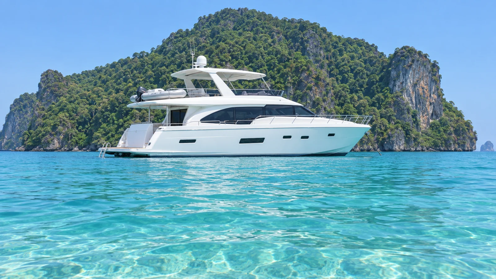 A yacht at anchor off the coast with the group on the open deck