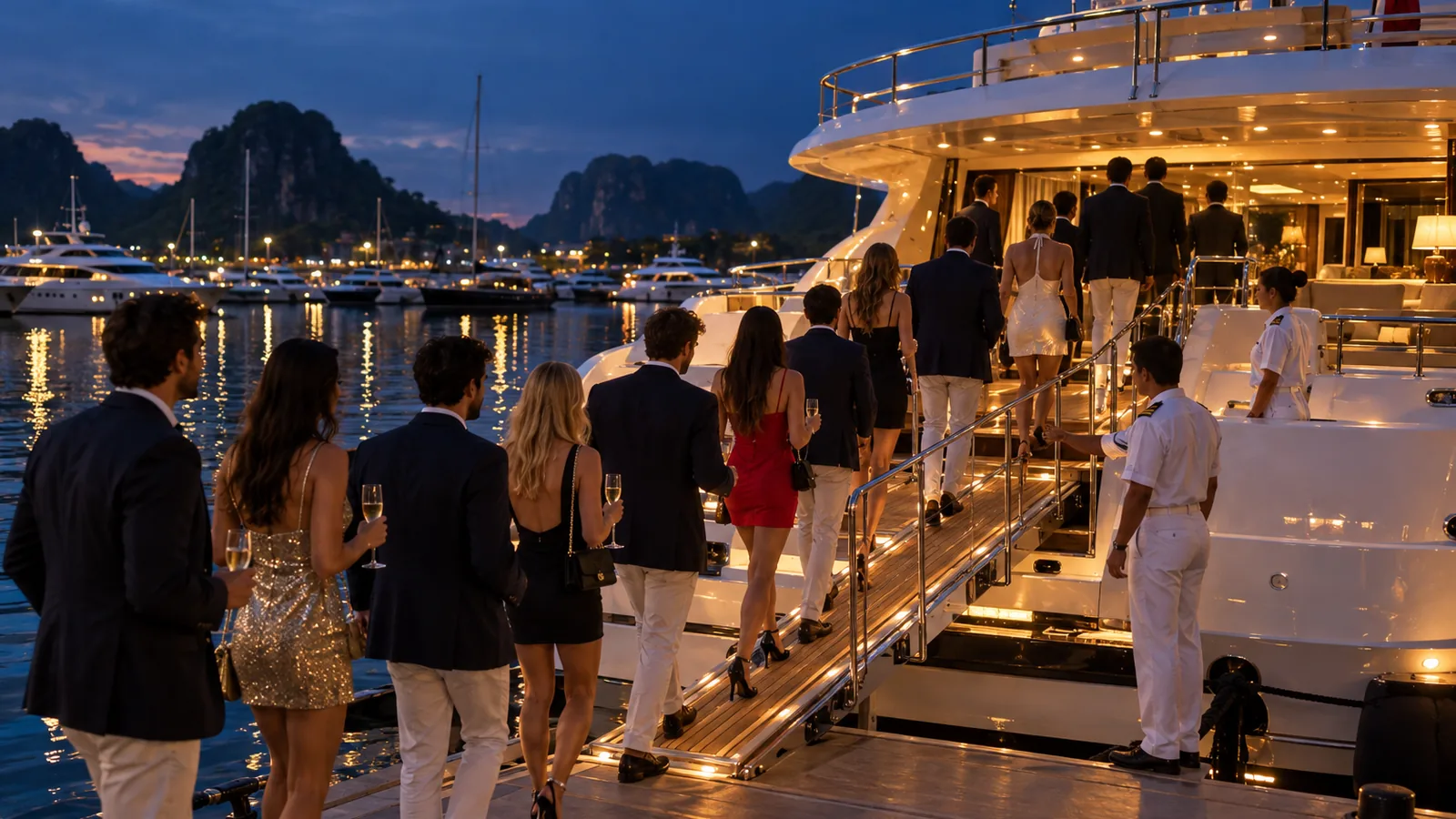 A group boarding a chartered boat at a marina berth at dusk