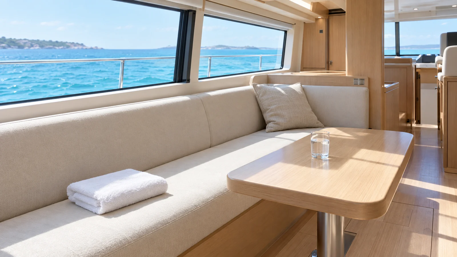 The saloon of a charter yacht in the middle of the morning